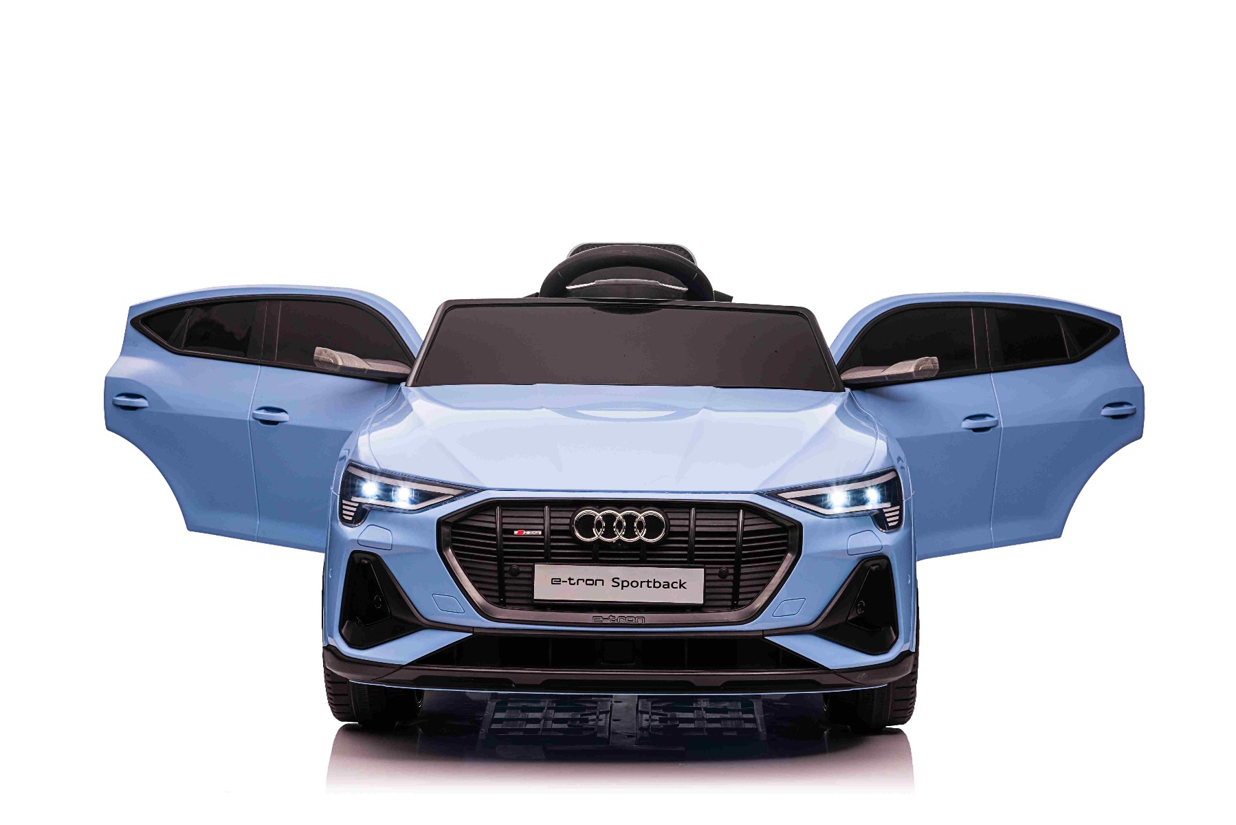 Maşinuţa electrica copii Audi E-tron Sportback 12V, albastru, scaun lat cu un singur loc și centură de siguranță cu prindere în trei puncte, telecomandă 2.4 GHz, intrare USB/AUX, suspensie, baterie litiu, lumini LED, motor 2 x 25W, licență ORIGINALĂ