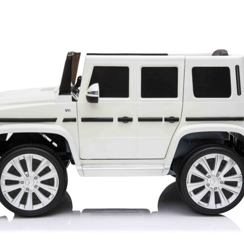 Mașinuță electrică de jucărie Mercedes G500 12V, alb, telecomandă 2.4 GHz, intrare USB/SD, suspensie, baterie litiu, lumini LED, licență ORIGINALĂ