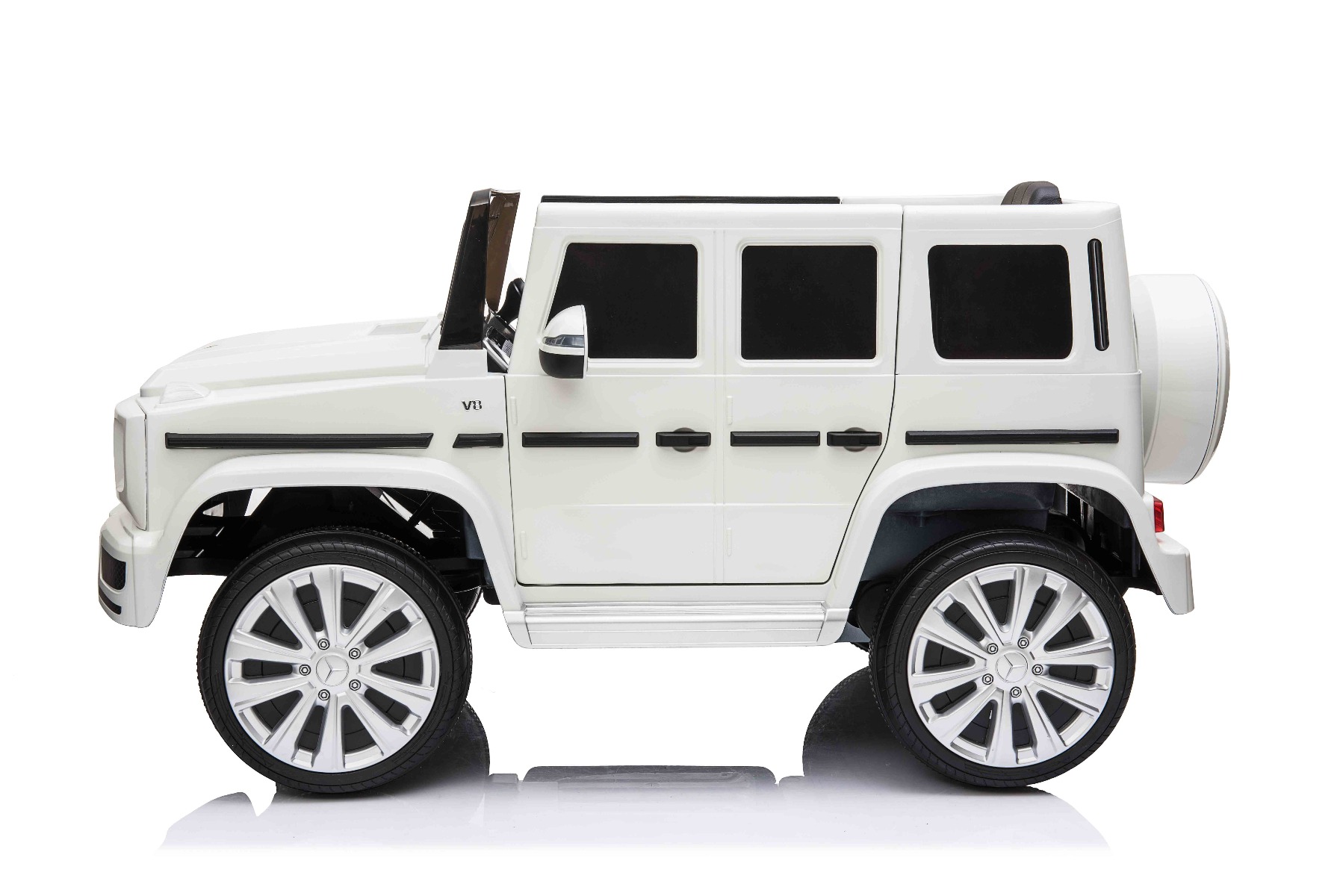 Mașinuță electrică de jucărie Mercedes G500 12V, alb, telecomandă 2.4 GHz, intrare USB/SD, suspensie, baterie litiu, lumini LED, licență ORIGINALĂ
