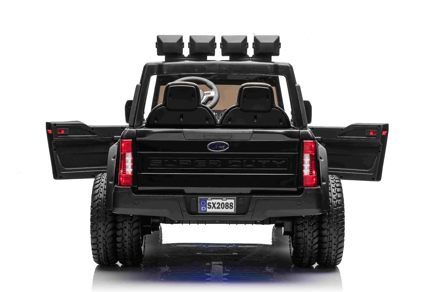 Mașină electrică pentru copii Ford Super Duty 24V negru, două locuri, tracțiune 4X4, motoare performante 24V, baterie portabilă, roți duble EVA spate, scaun din plastic, telecomandă 2,4 GHz, rampă lumină cu LED, MP3 player intrare USB, licență ORIGINALĂ - imagine 9