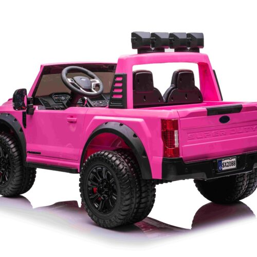 Mașină electrică pentru copii Ford Super Duty 24V roz, două locuri, tracțiune 4X4, motoare performante 24V, baterie portabilă, roți duble EVA spate, scaun din plastic, telecomandă 2,4 GHz, rampă lumină cu LED, MP3 player intrare USB, licență ORIGINALĂ