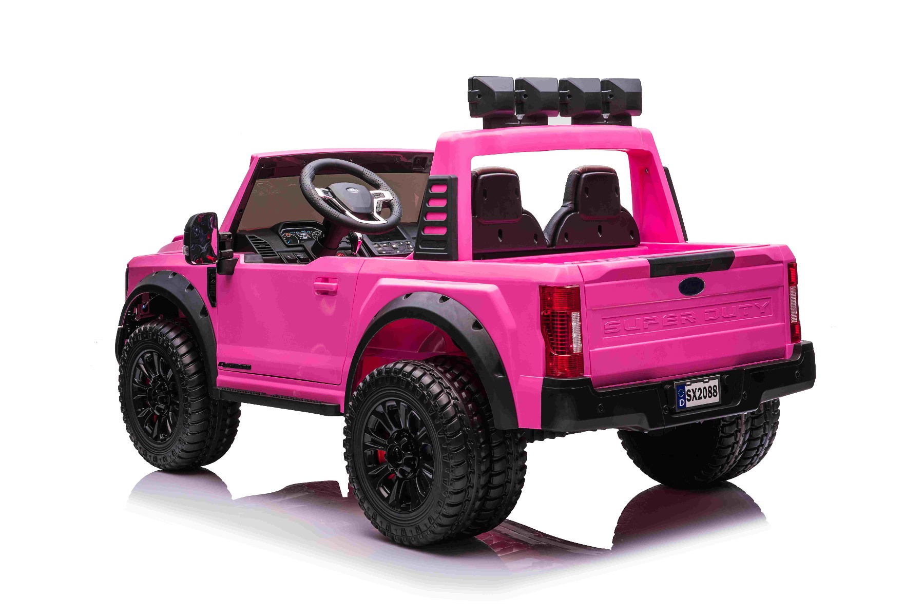 Mașină electrică pentru copii Ford Super Duty 24V roz, două locuri, tracțiune 4X4, motoare performante 24V, baterie portabilă, roți duble EVA spate, scaun din plastic, telecomandă 2,4 GHz, rampă lumină cu LED, MP3 player intrare USB, licență ORIGINALĂ