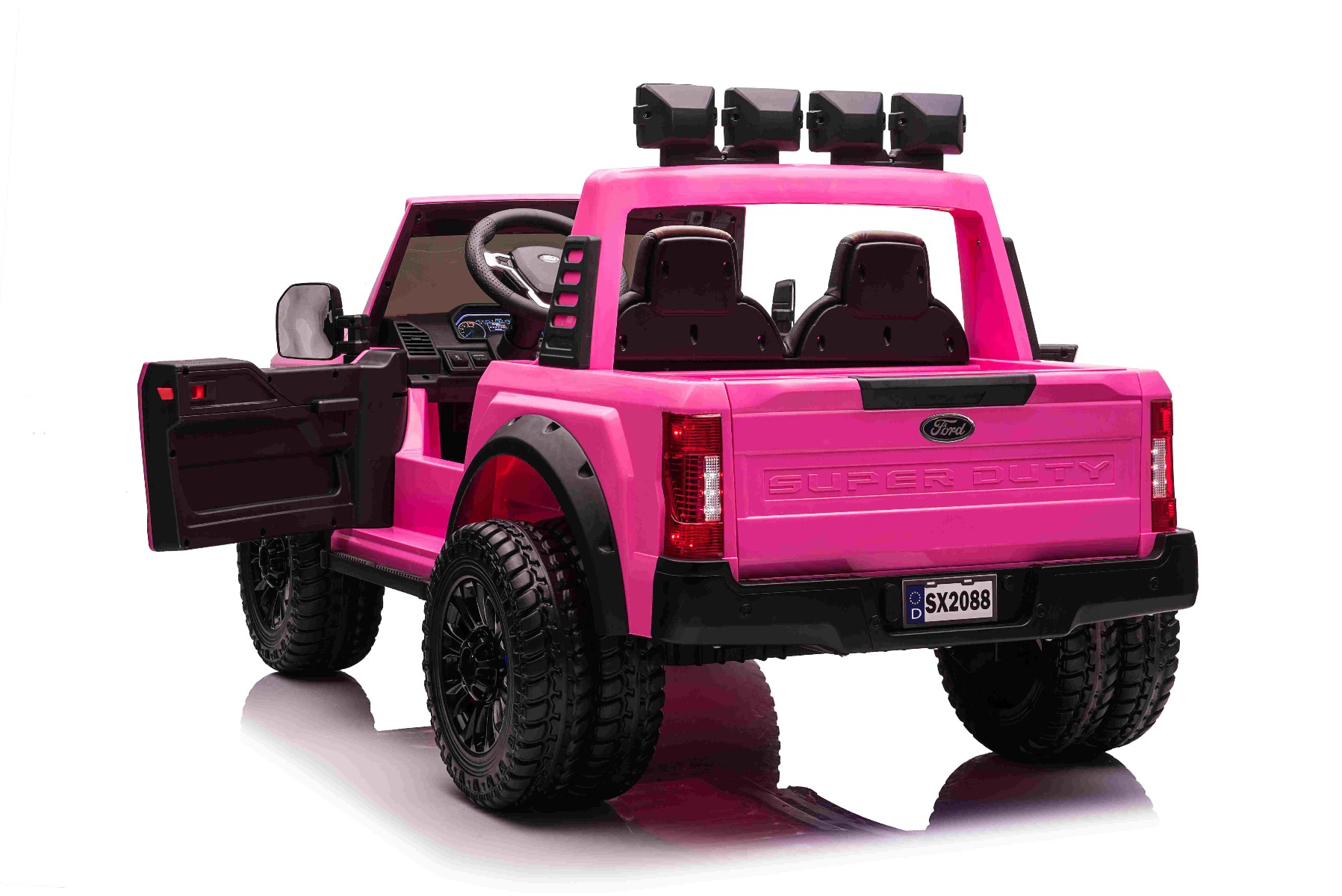 Mașină electrică pentru copii Ford Super Duty 24V roz, două locuri, tracțiune 4X4, motoare performante 24V, baterie portabilă, roți duble EVA spate, scaun din plastic, telecomandă 2,4 GHz, rampă lumină cu LED, MP3 player intrare USB, licență ORIGINALĂ - imagine 2
