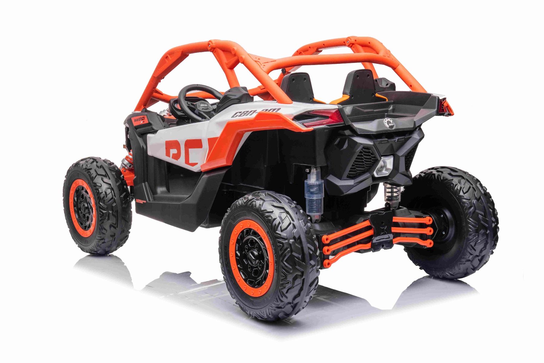 Mașină electrică copii Can-am Maverick 24V, portocaliu, cu două locuri, suspensie spate, telecomandă 2,4 Ghz, Baterie litiu portabilă, 4 motoare de 200 W, roți EVA, scaune din piele, player MP3 cu intrare USB/SD, model cu licență - imagine 4