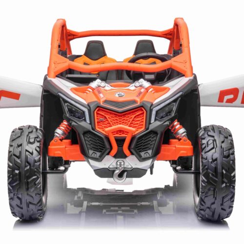 Mașină electrică copii Can-am Maverick 24V, portocaliu, cu două locuri, suspensie spate, telecomandă 2,4 Ghz, Baterie litiu portabilă, 4 motoare de 200 W, roți EVA, scaune din piele, player MP3 cu intrare USB/SD, model cu licență