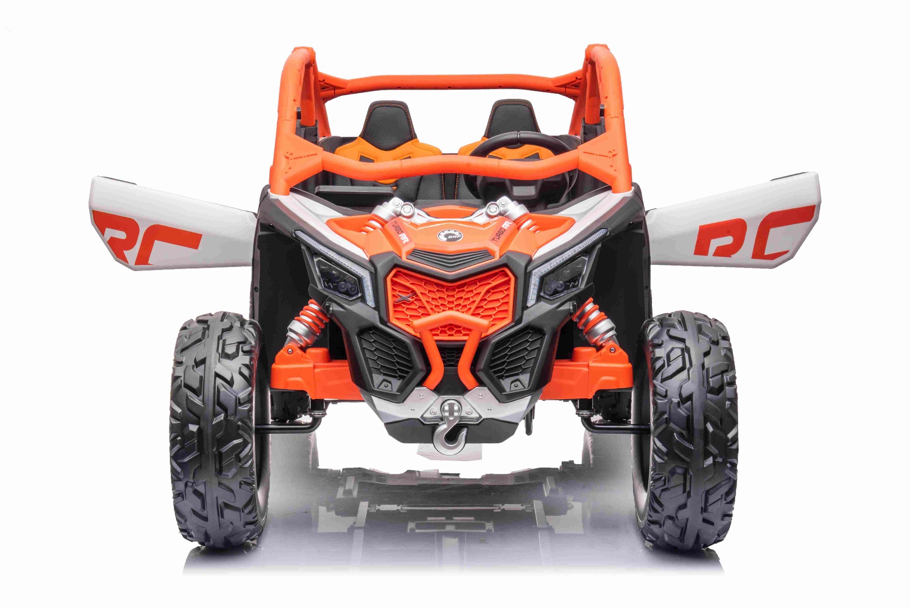 Mașină electrică copii Can-am Maverick 24V, portocaliu, cu două locuri, suspensie spate, telecomandă 2,4 Ghz, Baterie litiu portabilă, 4 motoare de 200 W, roți EVA, scaune din piele, player MP3 cu intrare USB/SD, model cu licență