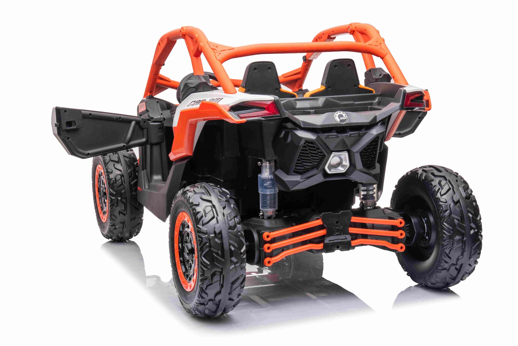 Mașină electrică copii Can-am Maverick 24V, portocaliu, cu două locuri, suspensie spate, telecomandă 2,4 Ghz, Baterie litiu portabilă, 4 motoare de 200 W, roți EVA, scaune din piele, player MP3 cu intrare USB/SD, model cu licență - imagine 3