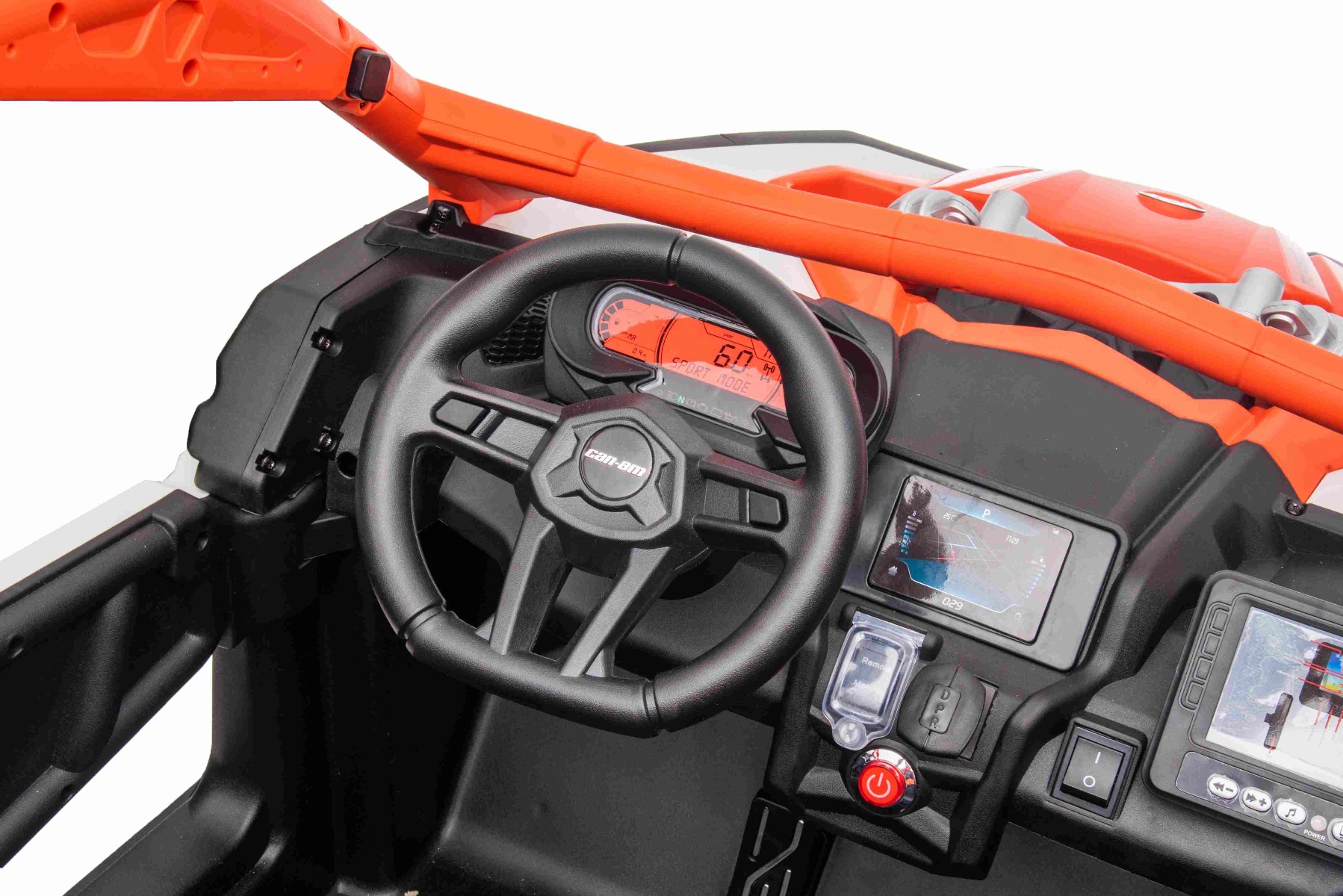 Mașină electrică copii Can-am Maverick 24V, roșu, cu două locuri, suspensie spate, telecomandă 2,4 Ghz, Baterie litiu portabilă, 4 motoare de 200 W, roți EVA, scaune din piele, player MP3 cu intrare USB/SD, model cu licență - imagine 13