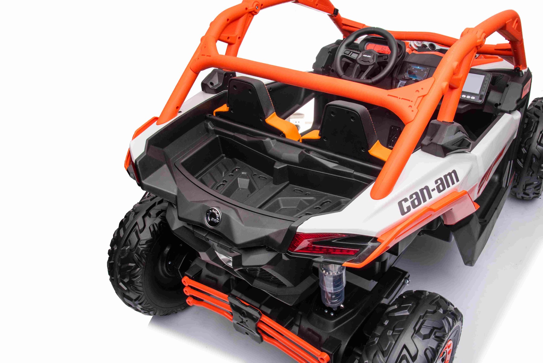 Mașină electrică copii Can-am Maverick 24V, portocaliu, cu două locuri, suspensie spate, telecomandă 2,4 Ghz, Baterie litiu portabilă, 4 motoare de 200 W, roți EVA, scaune din piele, player MP3 cu intrare USB/SD, model cu licență - imagine 18