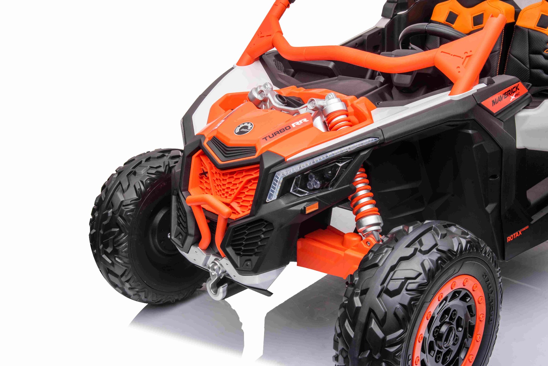 Mașină electrică copii Can-am Maverick 24V, portocaliu, cu două locuri, suspensie spate, telecomandă 2,4 Ghz, Baterie litiu portabilă, 4 motoare de 200 W, roți EVA, scaune din piele, player MP3 cu intrare USB/SD, model cu licență - imagine 23