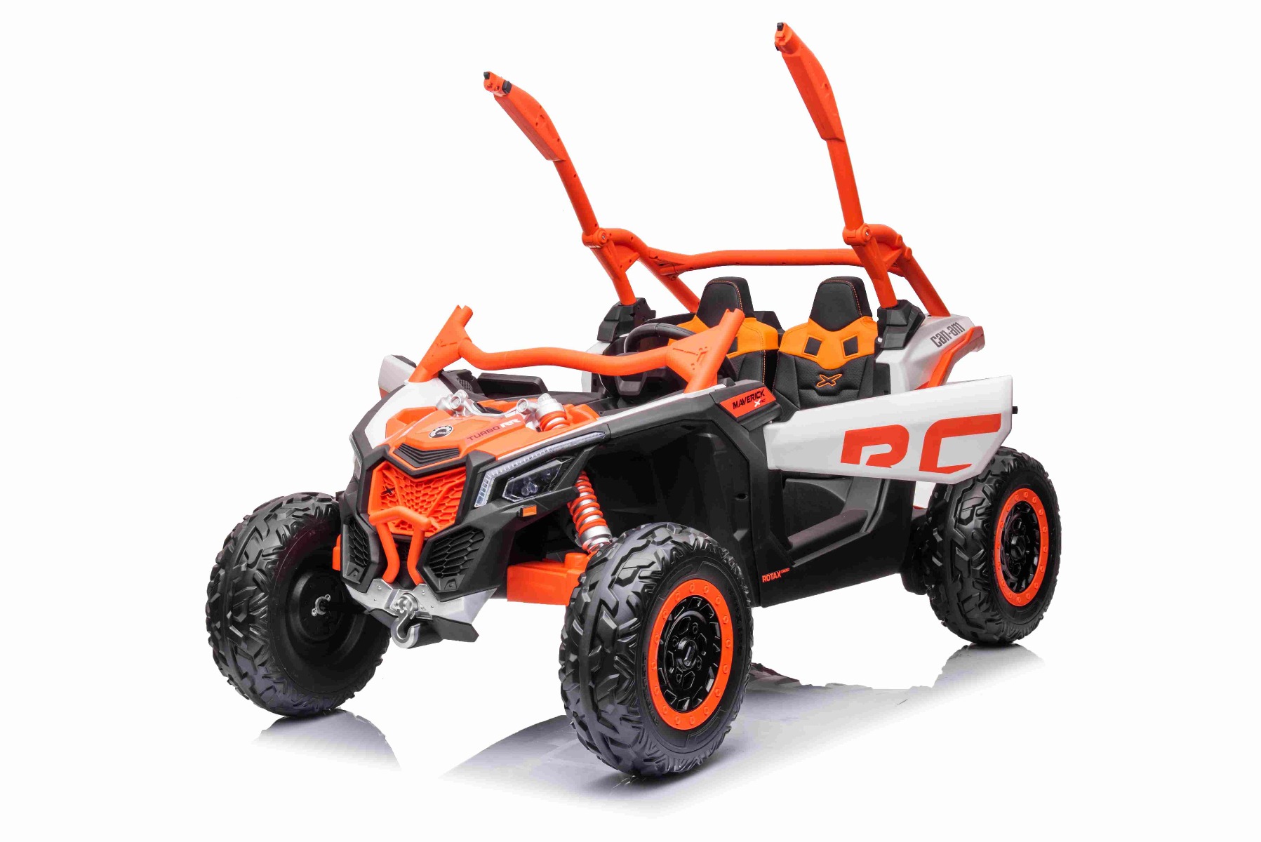 Mașină electrică copii Can-am Maverick 24V, portocaliu, cu două locuri, suspensie spate, telecomandă 2,4 Ghz, Baterie litiu portabilă, 4 motoare de 200 W, roți EVA, scaune din piele, player MP3 cu intrare USB/SD, model cu licență - imagine 2