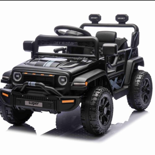 Mașina electrica copii OFFROAD NEW cu tracțiune spate, negru, baterie litiu, șasiu înalt, scaun larg, suspensie, telecomandă 2,4 GHz, lumini LED