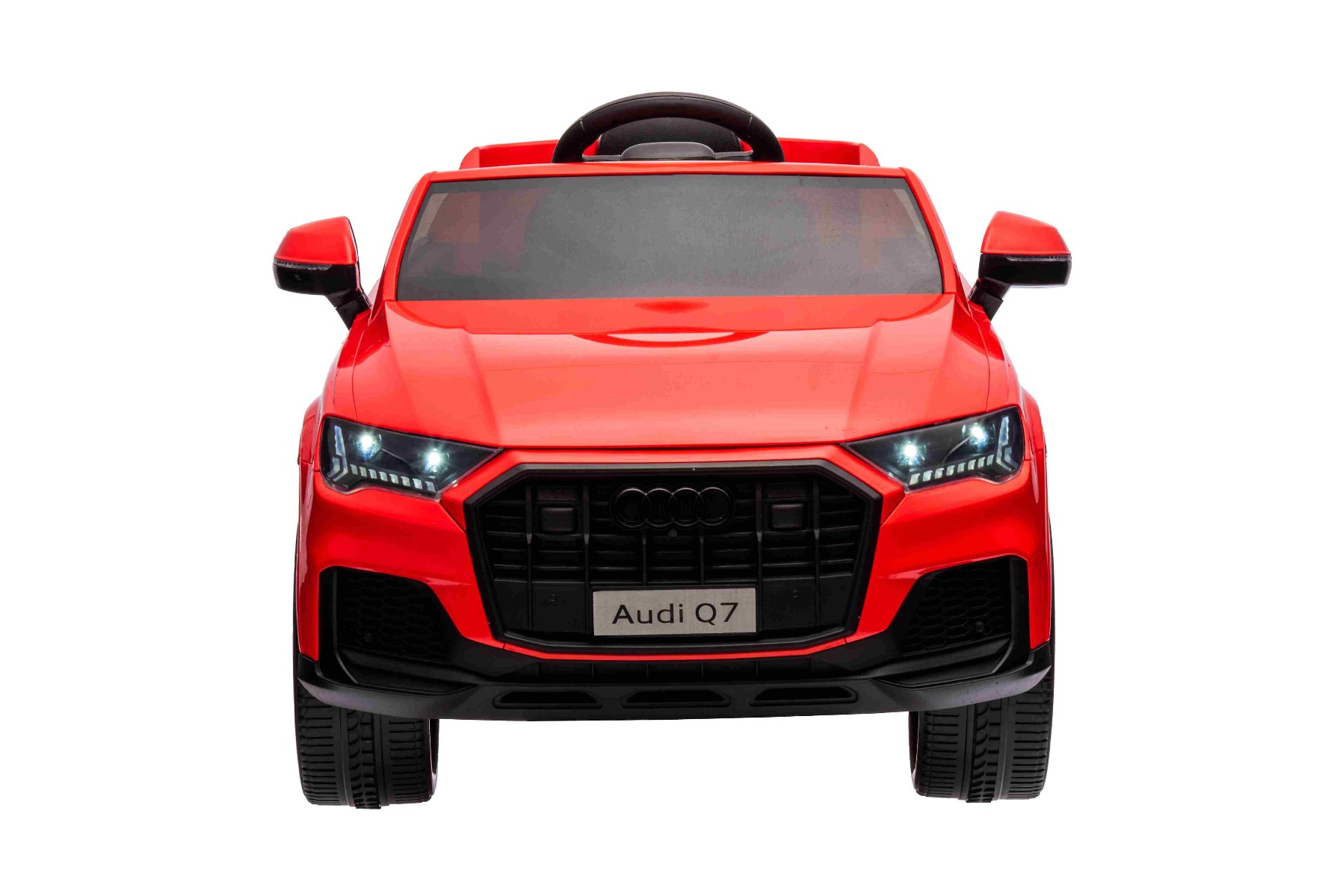 Mașină electrică de jucărie Audi Q7 roșu, 1 loc, suspensie independentă, baterie 12V, telecomandă, 2 motoare de 35 W, lumini LED, intrare USB/AUX pe MP3 player, model cu licență