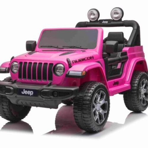 Mașinuță electrică pentru copii JEEP Wrangler, Roz, scaun din piele, Radio cu intrare Bluetooth și USB, unitate 4×4, baterie cu litiu, roți EVA, suspensii spate, telecomandă de 2,4 GHz, comutator funcție telecomandă/ pedală, licențiat