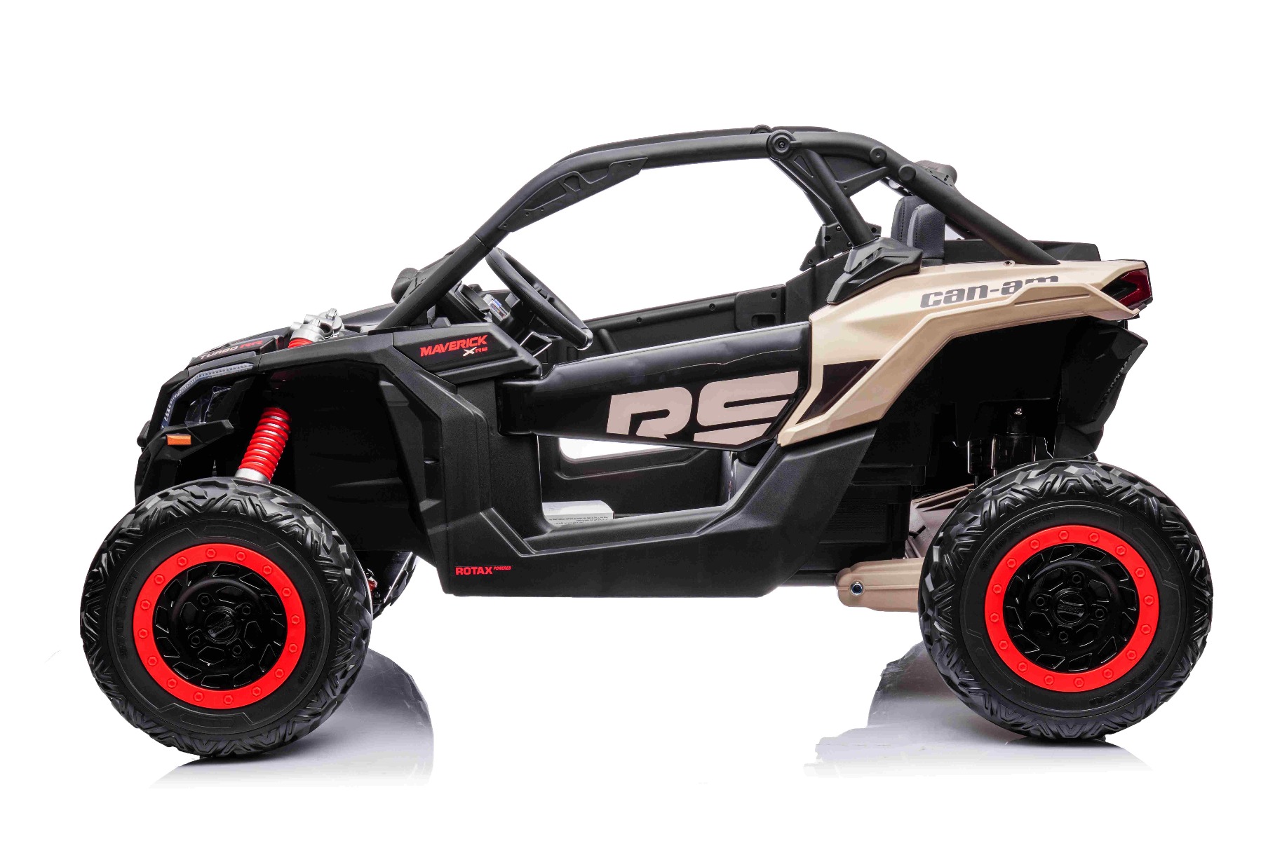 Mașină electrică copii Can-am Maverick 24V, negru, cu două locuri, suspensie spate, telecomandă 2,4 Ghz, Baterie litiu portabilă, 4 motoare de 200 W, roți EVA, scaune din piele, player MP3 cu intrare USB/SD, model cu licență