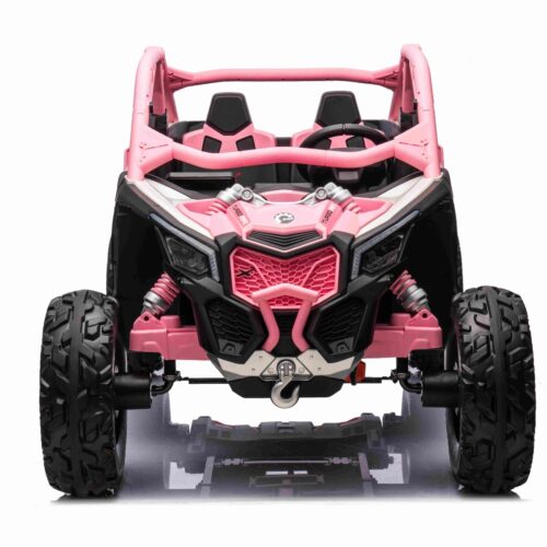 Mașină electrică copii Can-am Maverick 24V, Roz, cu două locuri, suspensie spate, telecomandă 2,4 Ghz, Baterie litiu portabilă, 4 motoare de 200 W, roți EVA, scaune din piele, player MP3 cu intrare USB/SD, model cu licență