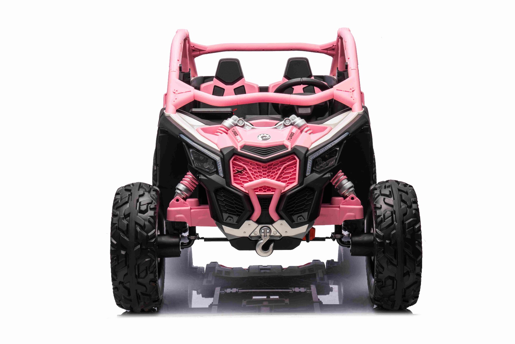 Mașină electrică copii Can-am Maverick 24V, Roz, cu două locuri, suspensie spate, telecomandă 2,4 Ghz, Baterie litiu portabilă, 4 motoare de 200 W, roți EVA, scaune din piele, player MP3 cu intrare USB/SD, model cu licență