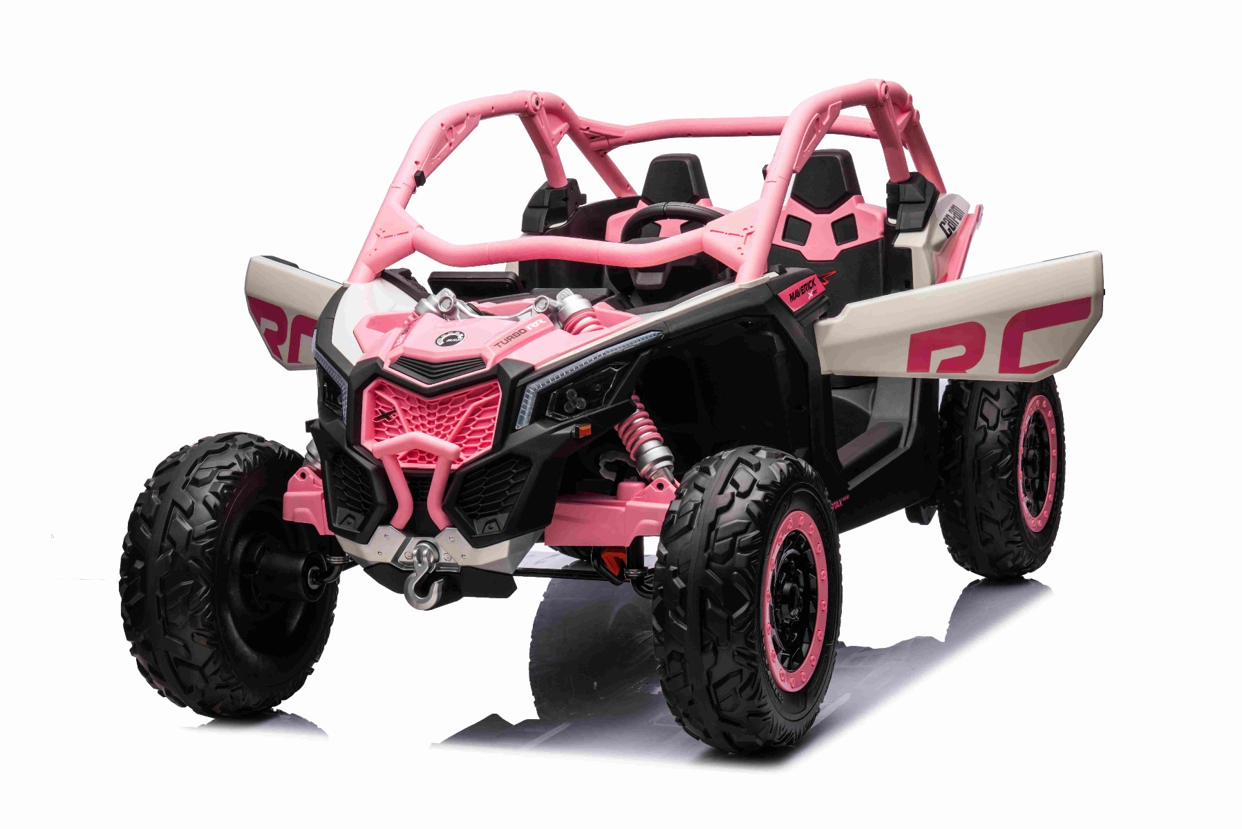Mașină electrică copii Can-am Maverick 24V, Roz, cu două locuri, suspensie spate, telecomandă 2,4 Ghz, Baterie litiu portabilă, 4 motoare de 200 W, roți EVA, scaune din piele, player MP3 cu intrare USB/SD, model cu licență - imagine 3