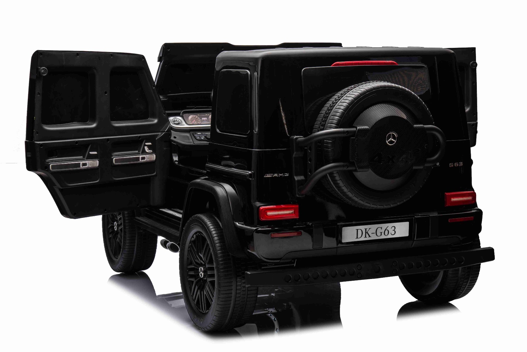 Mașină electrică Mercedes-Benz G63 AMG 4x4 cu două locuri 12V, negru, MP3 Player cu intrare USB/AUX, tracțiune 4x4, baterie 12V14Ah, roți EVA cu suspensie, scaune din piele, telecomandă, licențiat - imagine 9