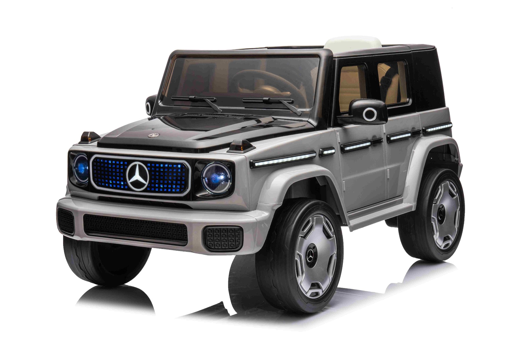 Mașinuță electrică de jucărie Mercedes-Benz EQG 12V, gri, componente ale caroseriei iluminate cu LED, lumini față și spate funcționale, telecomandă 2,4 GHz, intrare USB/Aux, baterie litiu, motor 2 x 35W, licență ORIGINALĂ