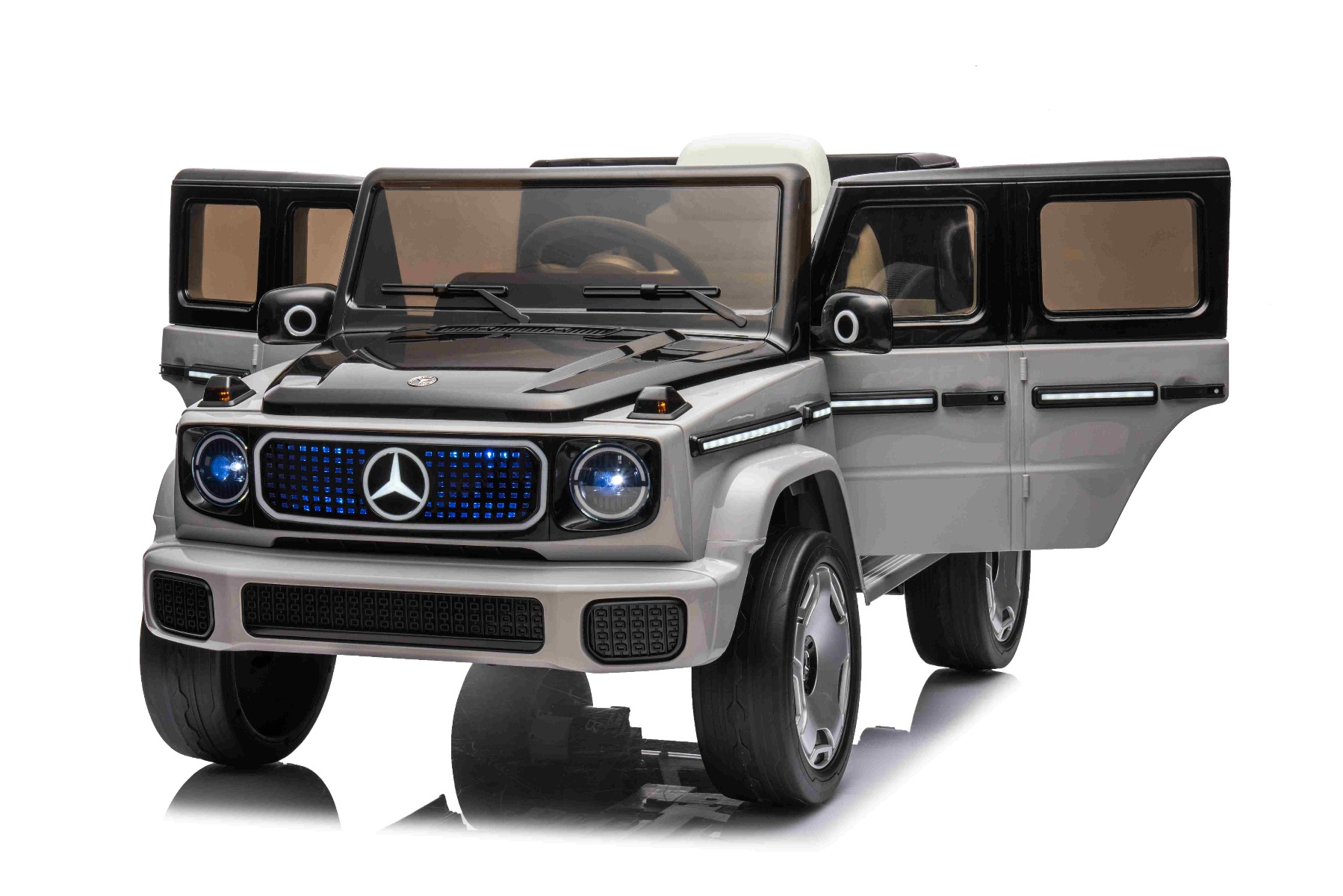 Mașinuță electrică de jucărie Mercedes-Benz EQG 12V, gri, componente ale caroseriei iluminate cu LED, lumini față și spate funcționale, telecomandă 2,4 GHz, intrare USB/Aux, baterie litiu, motor 2 x 35W, licență ORIGINALĂ - imagine 10