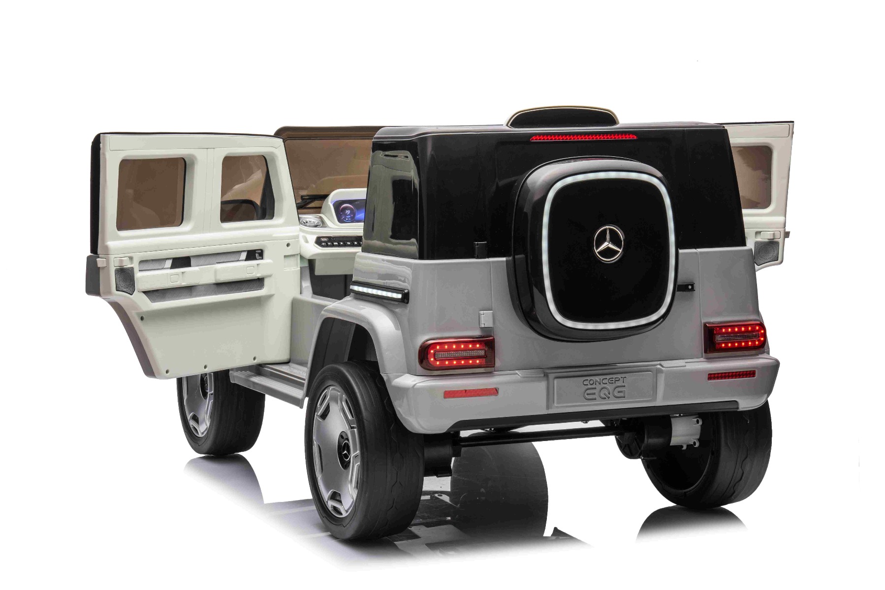 Mașinuță electrică de jucărie Mercedes-Benz EQG 12V, gri, componente ale caroseriei iluminate cu LED, lumini față și spate funcționale, telecomandă 2,4 GHz, intrare USB/Aux, baterie litiu, motor 2 x 35W, licență ORIGINALĂ - imagine 11