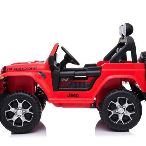 Mașinuță electrică pentru copii JEEP Wrangler, Roșu, scaun din piele, Radio cu intrare Bluetooth și USB, unitate 4×4, baterie cu litiu, roți EVA, suspensii spate, telecomandă de 2,4 GHz, comutator funcție telecomandă/ pedală, licențiat