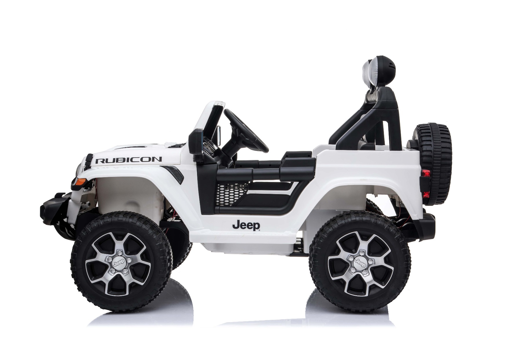 Mașinuță electrică pentru copii JEEP Wrangler, Alb, scaun din piele, Radio cu intrare Bluetooth și USB, unitate 4x4, baterie cu litiu, roți EVA, suspensii spate, telecomandă de 2,4 GHz, comutator funcție telecomandă/ pedală, licențiat