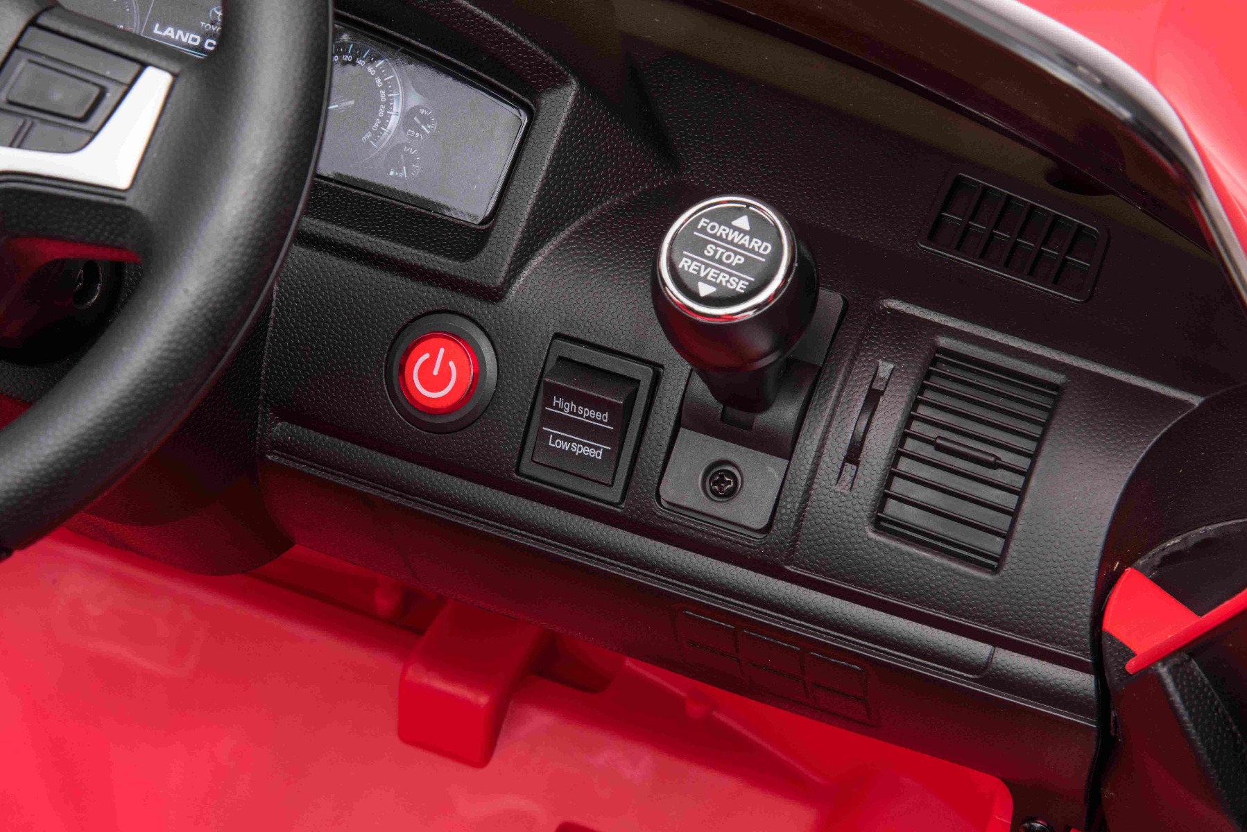 Mașină electrică de jucărie Toyota Landcruiser 12V, roșu, scaun din piele, telecomandă 2,4 GHz, intrare USB / AUX, suspensie, baterie 12 V, roți moi EVA, MOTOR 2 X 35 W, licență ORIGINALĂ - imagine 8