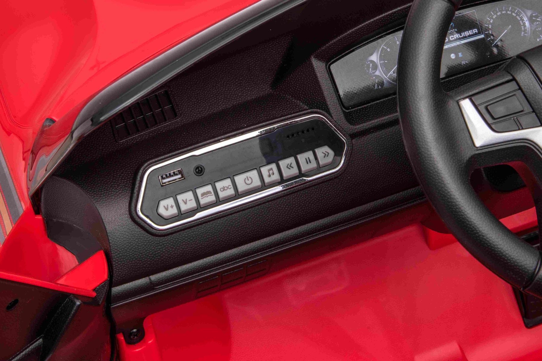 Mașină electrică de jucărie Toyota Landcruiser 12V, roșu, scaun din piele, telecomandă 2,4 GHz, intrare USB / AUX, suspensie, baterie 12 V, roți moi EVA, MOTOR 2 X 35 W, licență ORIGINALĂ - imagine 10