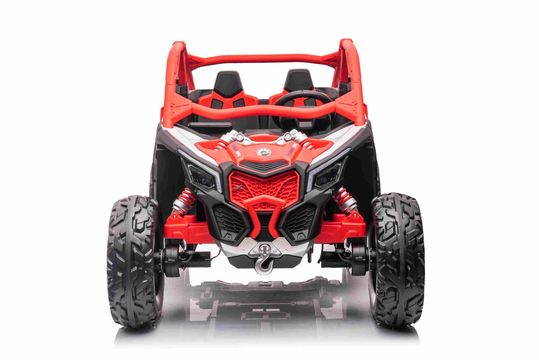 Mașină electrică copii Can-am Maverick 24V, roșu, cu două locuri, suspensie spate, telecomandă 2,4 Ghz, Baterie litiu portabilă, 4 motoare de 200 W, roți EVA, scaune din piele, player MP3 cu intrare USB/SD, model cu licență