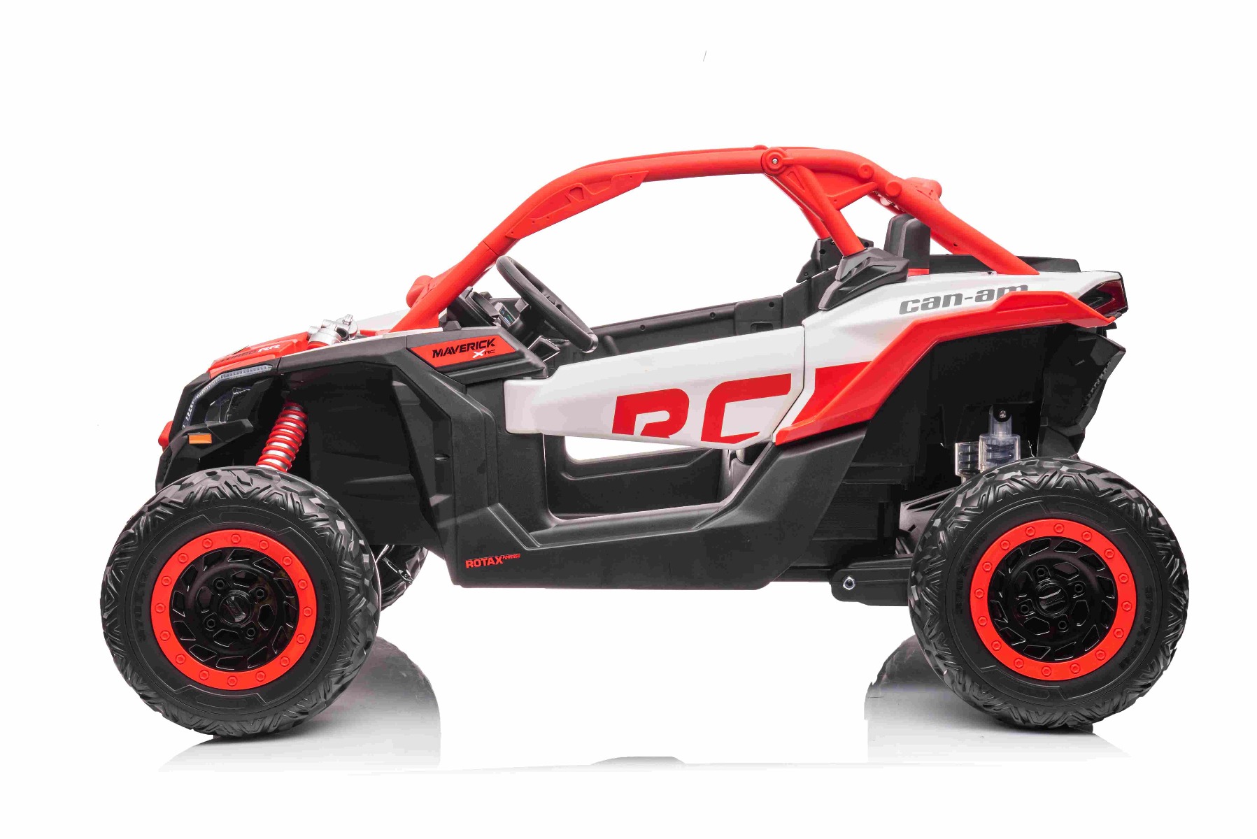 Mașină electrică copii Can-am Maverick 24V, roșu, cu două locuri, suspensie spate, telecomandă 2,4 Ghz, Baterie litiu portabilă, 4 motoare de 200 W, roți EVA, scaune din piele, player MP3 cu intrare USB/SD, model cu licență - imagine 2