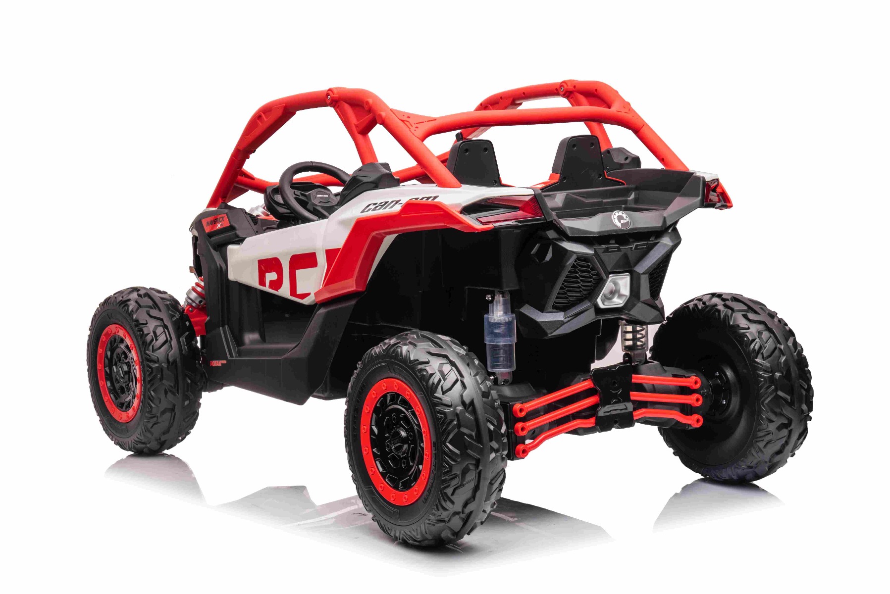 Mașină electrică copii Can-am Maverick 24V, roșu, cu două locuri, suspensie spate, telecomandă 2,4 Ghz, Baterie litiu portabilă, 4 motoare de 200 W, roți EVA, scaune din piele, player MP3 cu intrare USB/SD, model cu licență - imagine 5