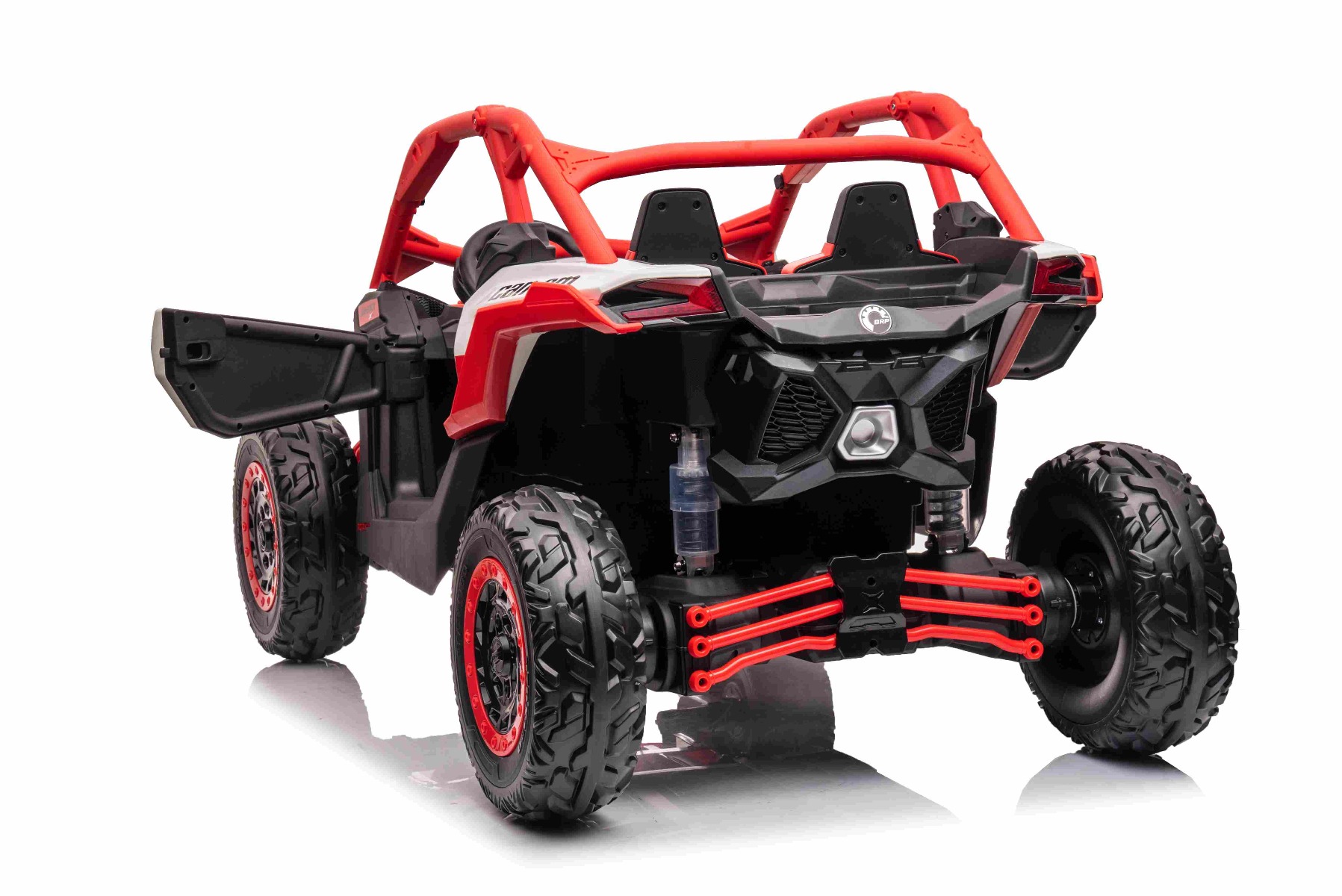 Mașină electrică copii Can-am Maverick 24V, roșu, cu două locuri, suspensie spate, telecomandă 2,4 Ghz, Baterie litiu portabilă, 4 motoare de 200 W, roți EVA, scaune din piele, player MP3 cu intrare USB/SD, model cu licență - imagine 7