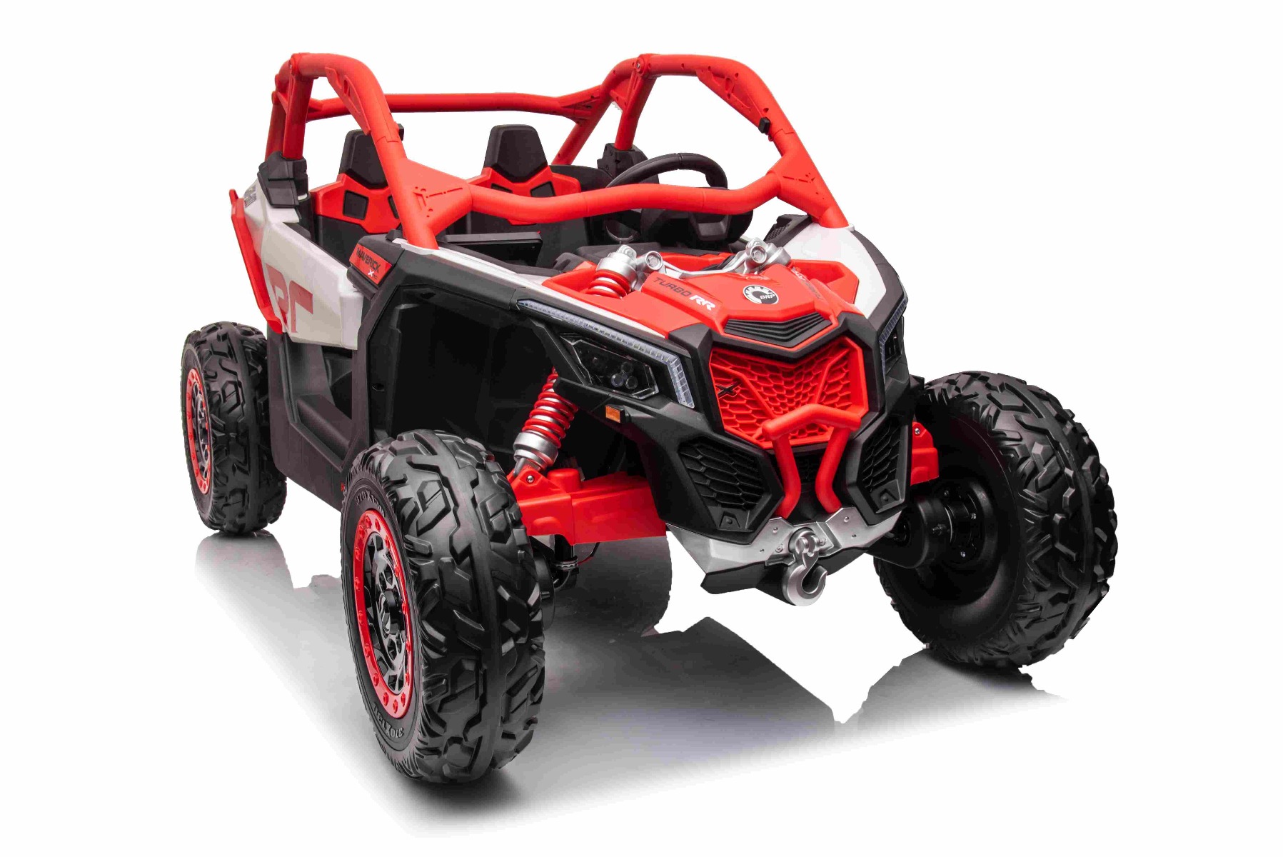 Mașină electrică copii Can-am Maverick 24V, roșu, cu două locuri, suspensie spate, telecomandă 2,4 Ghz, Baterie litiu portabilă, 4 motoare de 200 W, roți EVA, scaune din piele, player MP3 cu intrare USB/SD, model cu licență - imagine 4