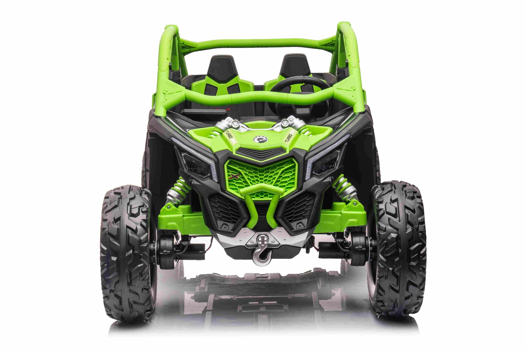 Mașină electrică copii Can-am Maverick 24V, verde, cu două locuri, suspensie spate, telecomandă 2,4 Ghz, Baterie litiu portabilă, 4 motoare de 200 W, roți EVA, scaune din piele, player MP3 cu intrare USB/SD, model cu licență