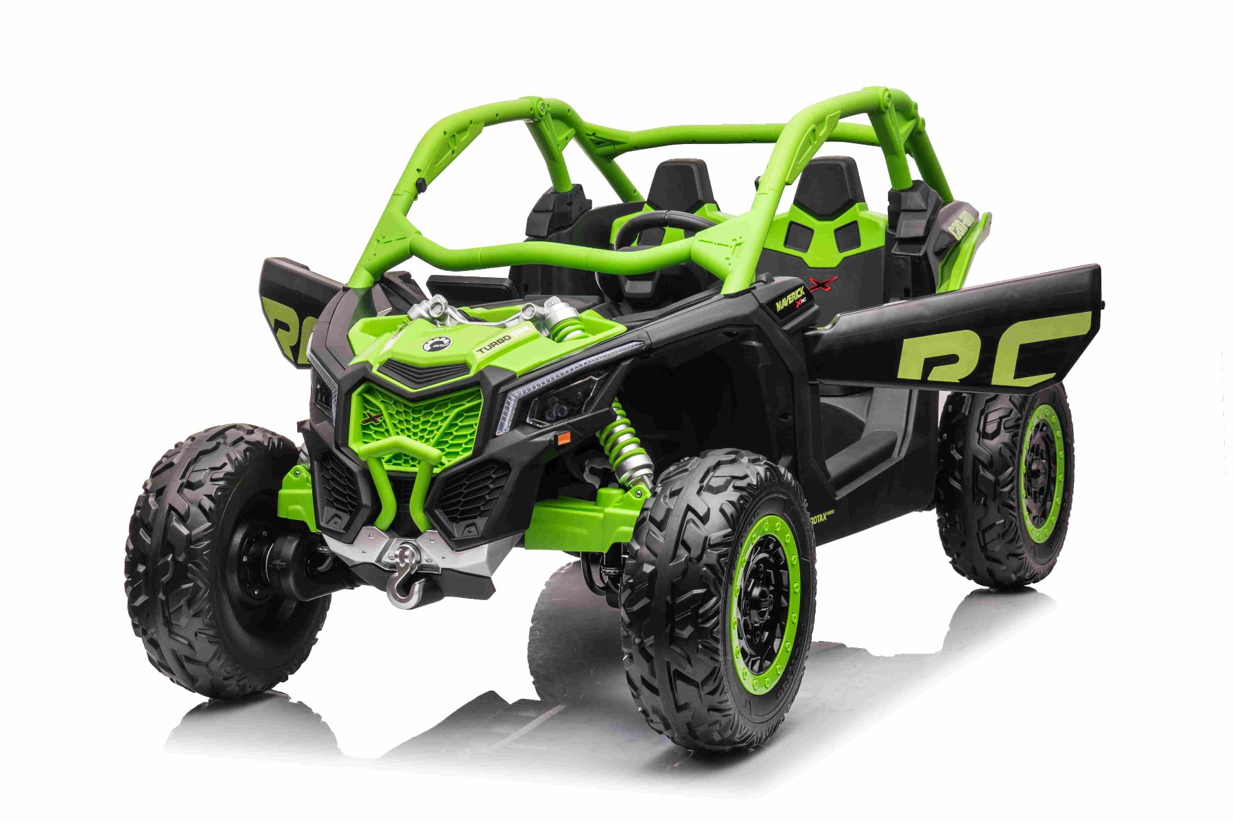 Mașină electrică copii Can-am Maverick 24V, verde, cu două locuri, suspensie spate, telecomandă 2,4 Ghz, Baterie litiu portabilă, 4 motoare de 200 W, roți EVA, scaune din piele, player MP3 cu intrare USB/SD, model cu licență - imagine 4