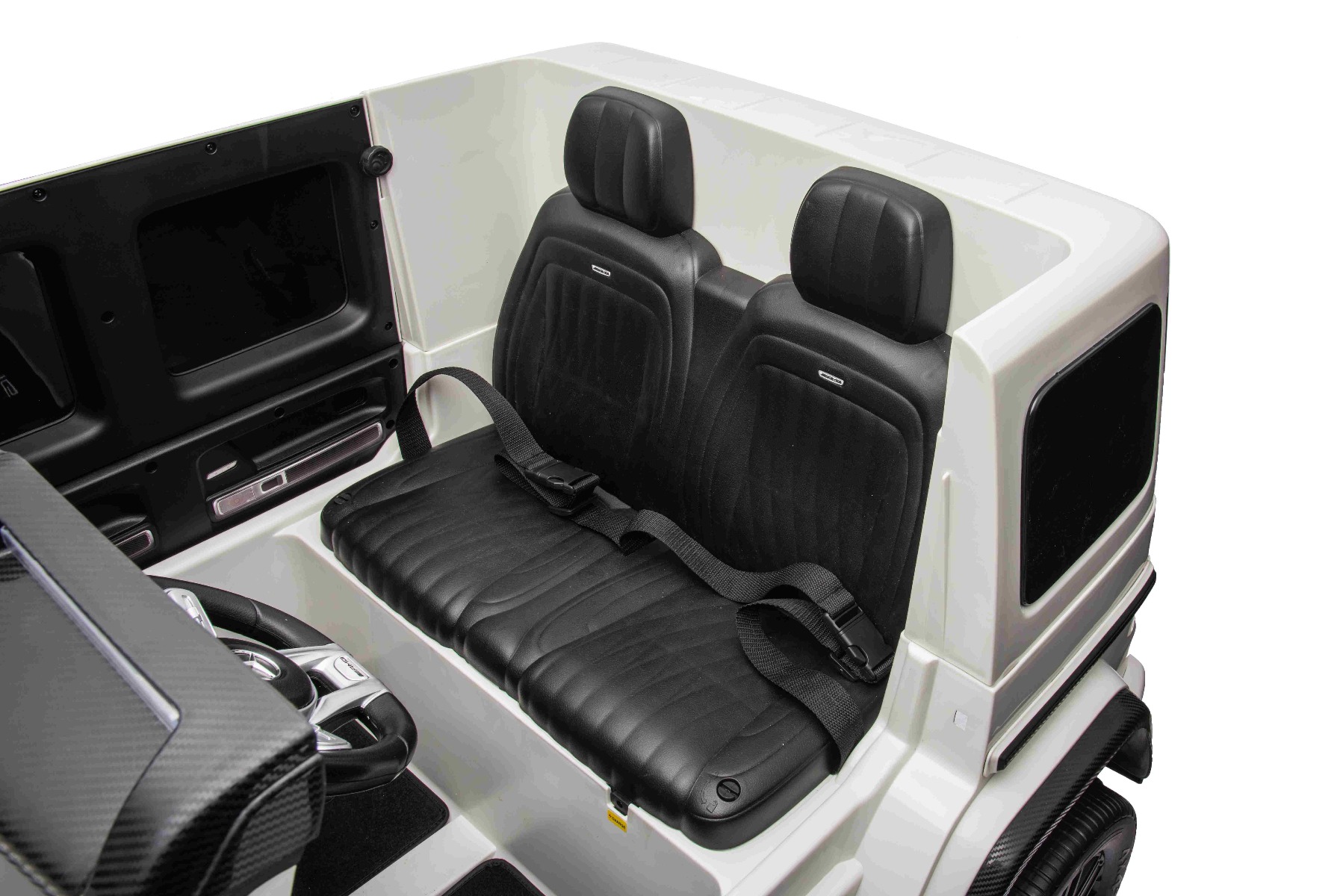Mașină electrică Mercedes-Benz G63 AMG 4x4 cu două locuri 12V, alb, MP3 Player cu intrare USB/AUX, tracțiune 4x4, baterie 12V14Ah, roți EVA cu suspensie, scaune din piele, telecomandă, licențiat - imagine 16
