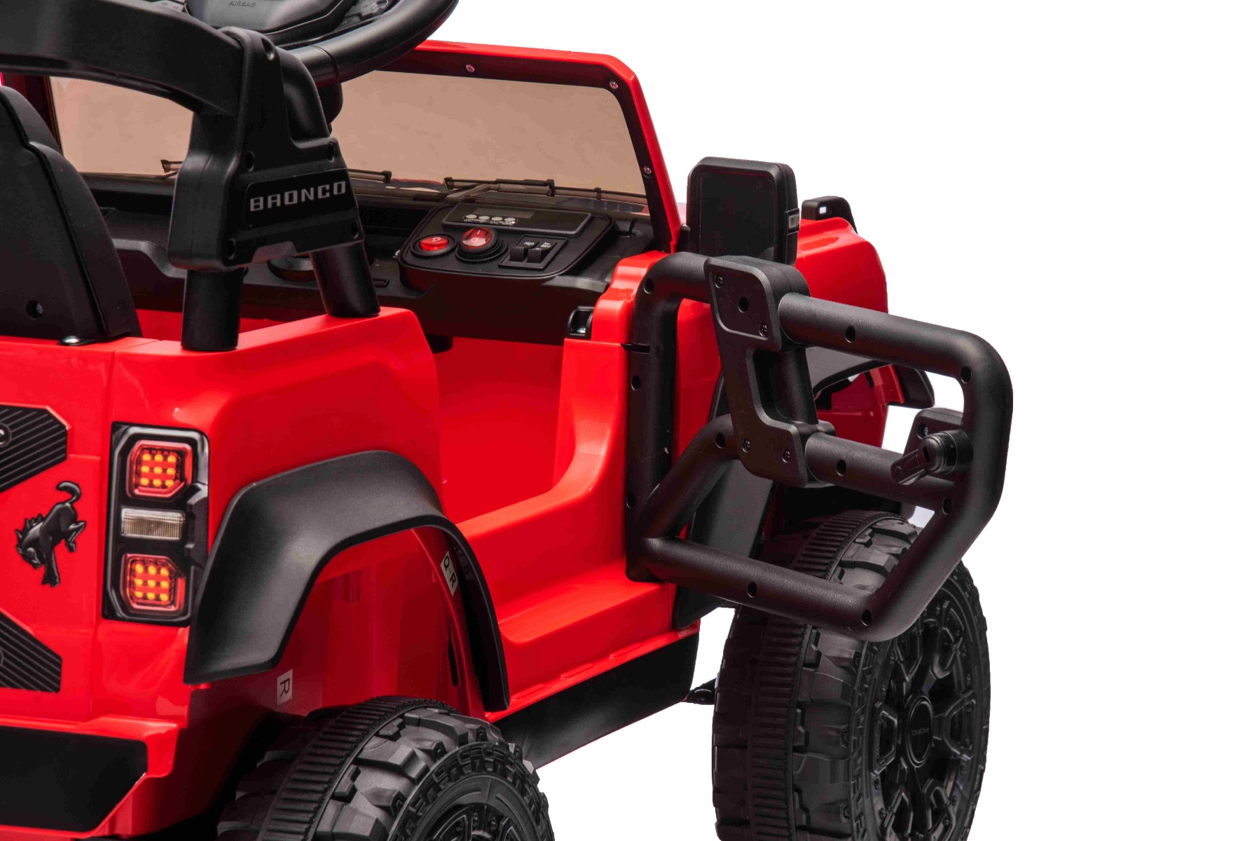 Mașina electrica copii Ford Bronco cu tracțiune spate cu licență (un singur loc), albastru, baterie litiu, șasiu înalt, scaun lat, axă suspensie spate, telecomandă 2,4 GHz, player MP3 cu intrare USB, lumini LED - imagine 9