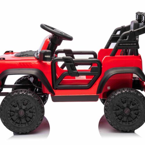 Mașina electrica copii Ford Bronco cu tracțiune spate cu licență (un singur loc), roșu, baterie litiu, șasiu înalt, scaun lat, axă suspensie spate, telecomandă 2,4 GHz, player MP3 cu intrare USB, lumini LED