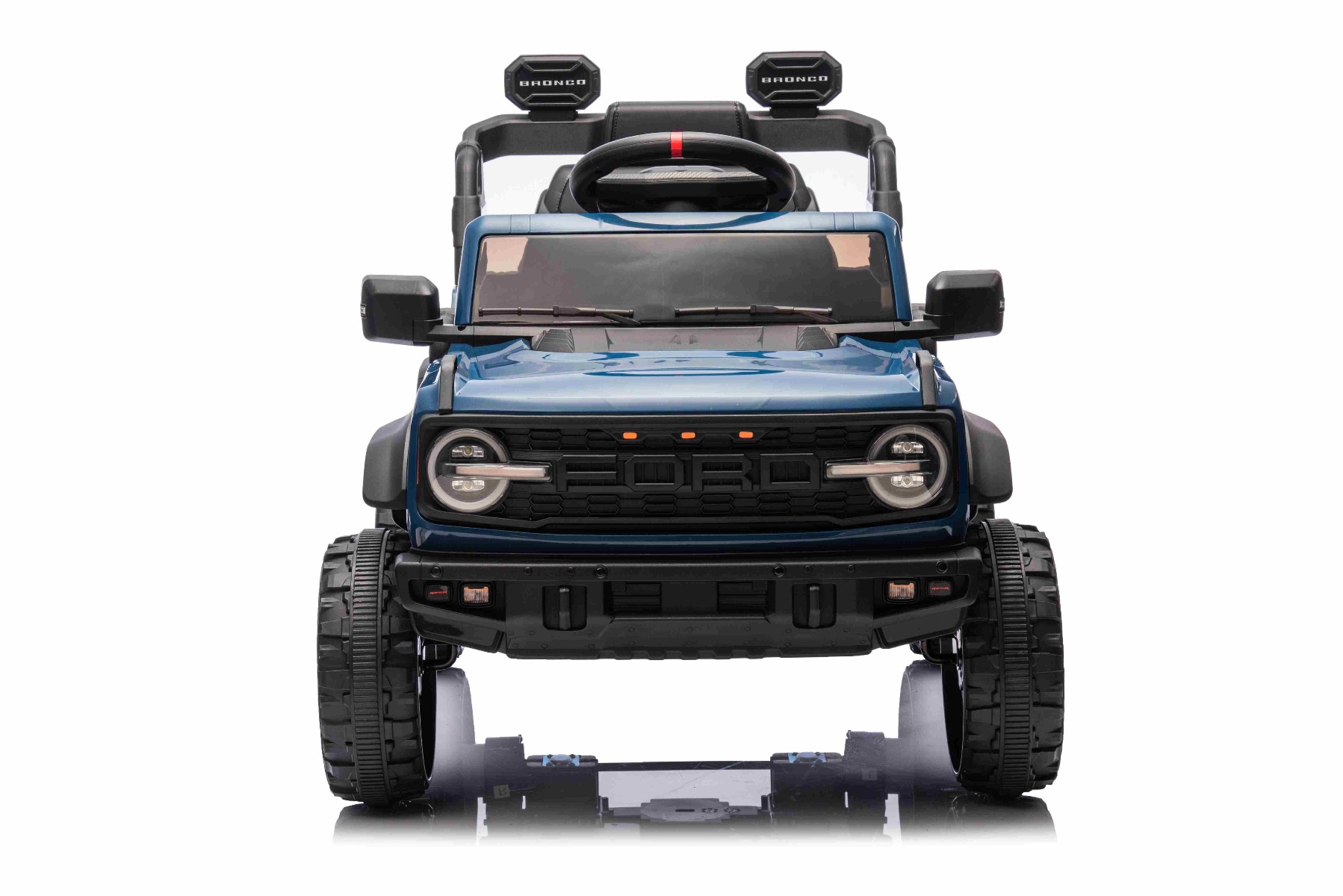 Mașina electrica copii Ford Bronco cu tracțiune spate cu licență (un singur loc), albastru, baterie litiu, șasiu înalt, scaun lat, axă suspensie spate, telecomandă 2,4 GHz, player MP3 cu intrare USB, lumini LED