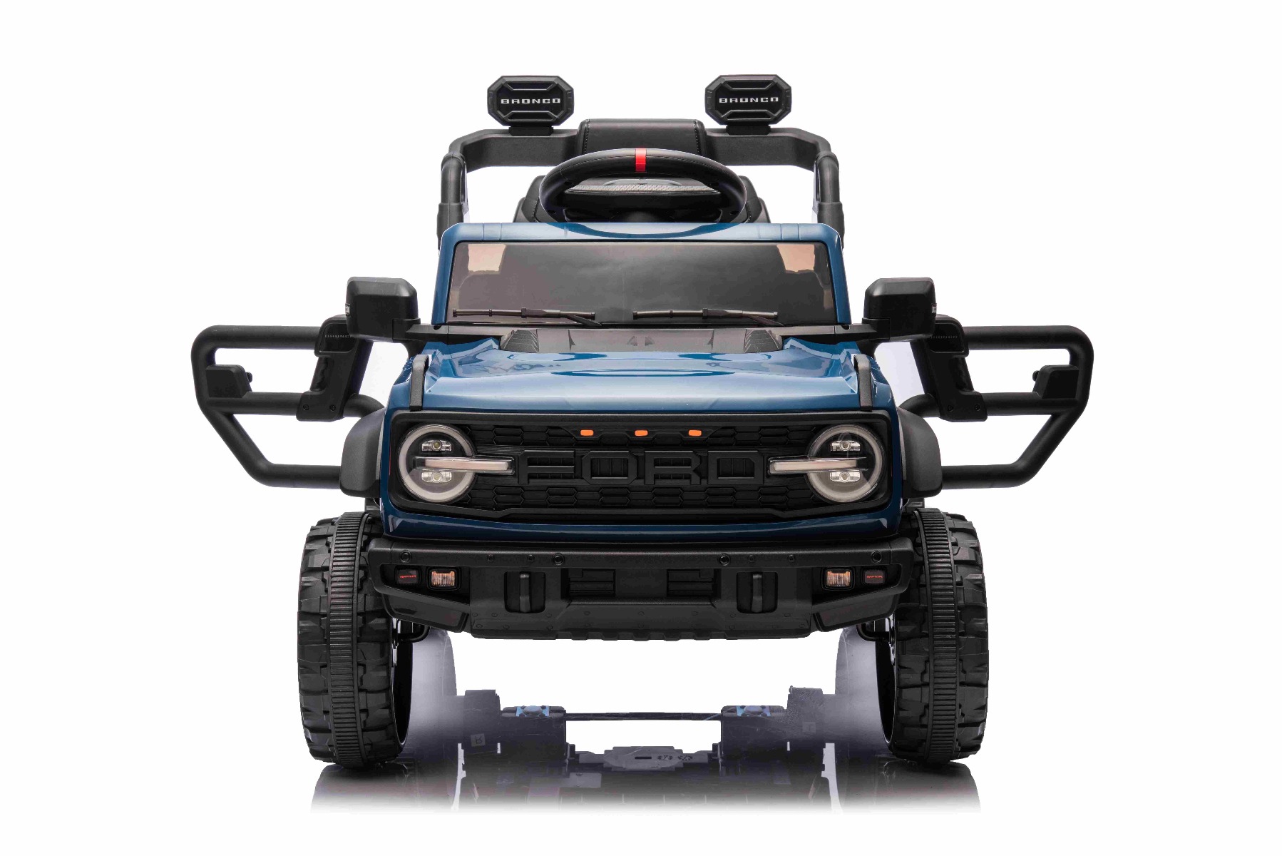 Mașina electrica copii Ford Bronco cu tracțiune spate cu licență (un singur loc), albastru, baterie litiu, șasiu înalt, scaun lat, axă suspensie spate, telecomandă 2,4 GHz, player MP3 cu intrare USB, lumini LED - imagine 3