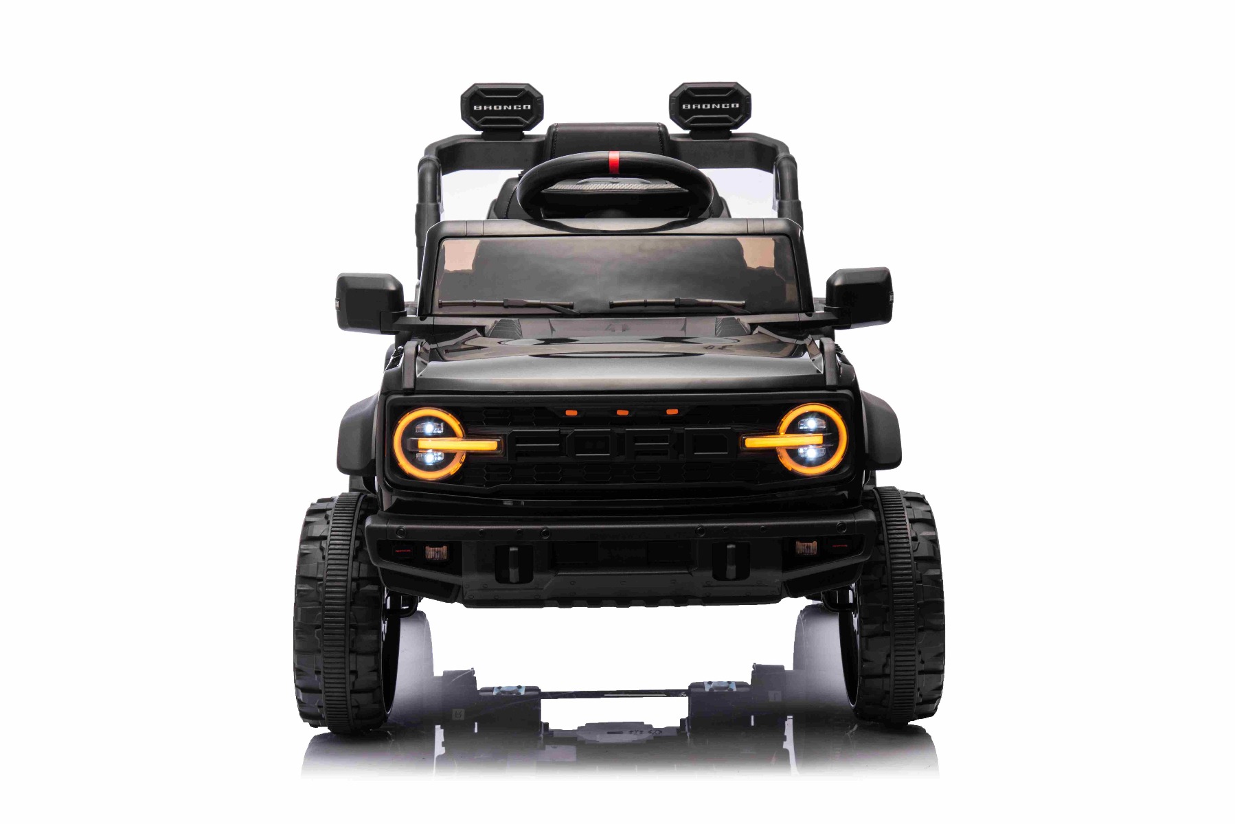 Mașina electrica copii Ford Bronco cu tracțiune spate cu licență (un singur loc), negru, baterie litiu, șasiu înalt, scaun lat, axă suspensie spate, telecomandă 2,4 GHz, player MP3 cu intrare USB, lumini LED