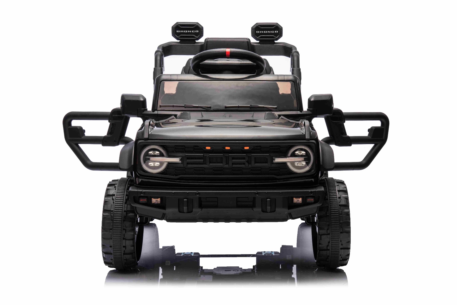 Mașina electrica copii Ford Bronco cu tracțiune spate cu licență (un singur loc), negru, baterie litiu, șasiu înalt, scaun lat, axă suspensie spate, telecomandă 2,4 GHz, player MP3 cu intrare USB, lumini LED - imagine 2