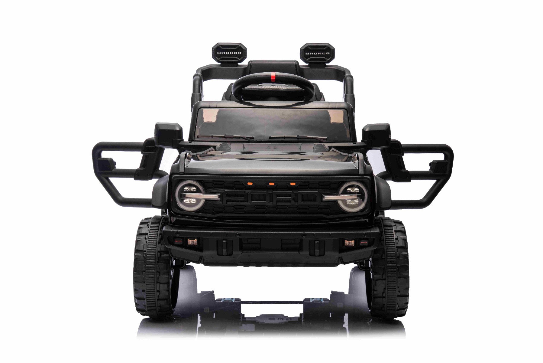 Mașina electrica copii Ford Bronco cu tracțiune spate cu licență (un singur loc), negru, baterie litiu, șasiu înalt, scaun lat, axă suspensie spate, telecomandă 2,4 GHz, player MP3 cu intrare USB, lumini LED - imagine 4
