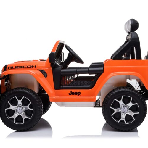 Mașinuță electrică pentru copii JEEP Wrangler, Portocaliu, scaun din piele, Radio cu intrare Bluetooth și USB, unitate 4×4, baterie cu litiu, roți EVA, suspensii spate, telecomandă de 2,4 GHz, comutator funcție telecomandă/ pedală, licențiat