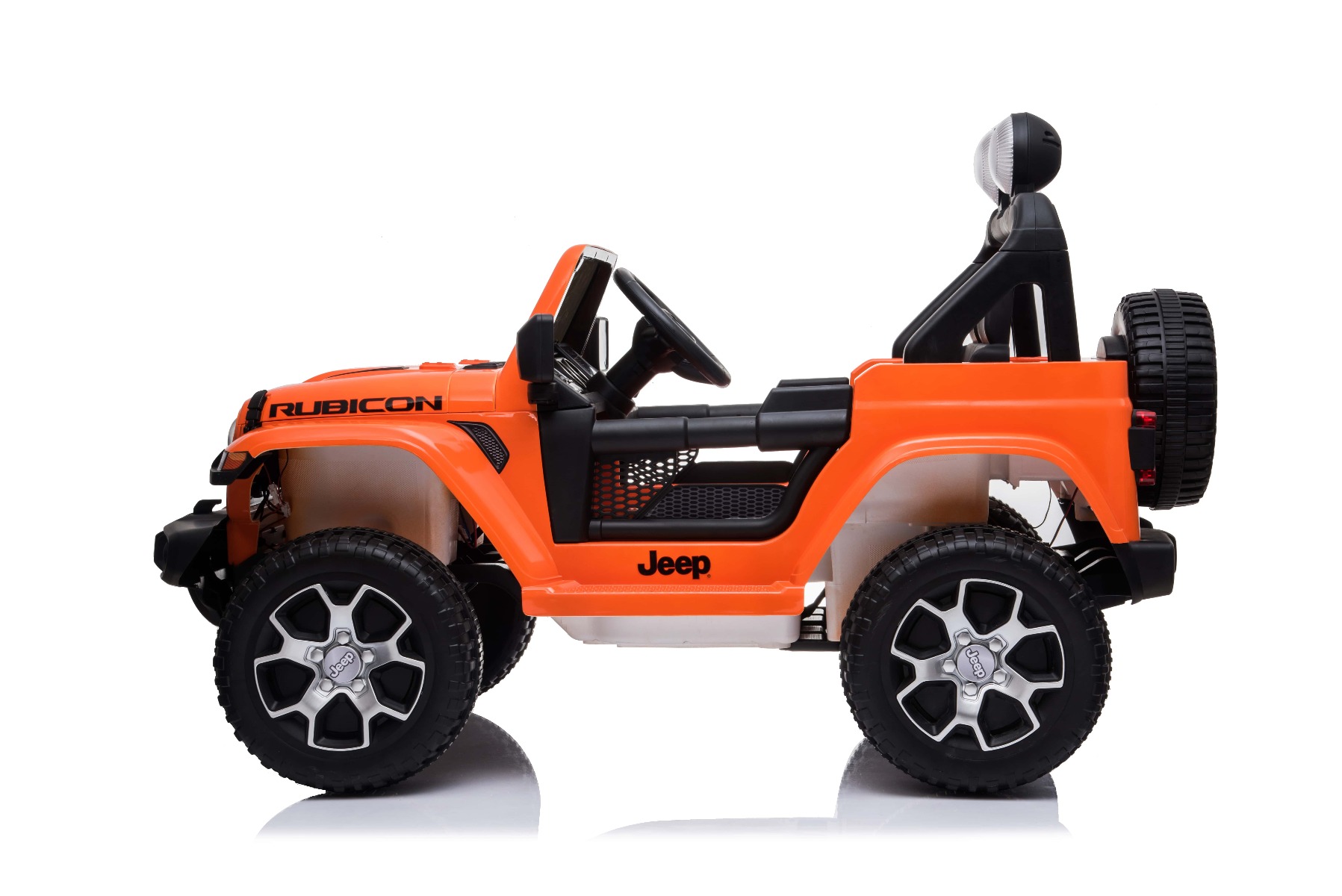 Mașinuță electrică pentru copii JEEP Wrangler, Portocaliu, scaun din piele, Radio cu intrare Bluetooth și USB, unitate 4x4, baterie cu litiu, roți EVA, suspensii spate, telecomandă de 2,4 GHz, comutator funcție telecomandă/ pedală, licențiat