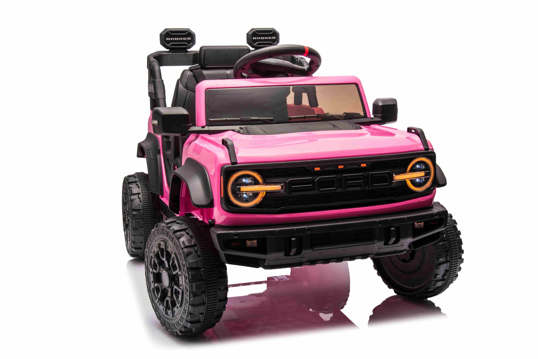 Mașina electrica copii Ford Bronco cu tracțiune spate cu licență (un singur loc), roz, baterie litiu, șasiu înalt, scaun lat, axă suspensie spate, telecomandă 2,4 GHz, player MP3 cu intrare USB, lumini LED - imagine 3