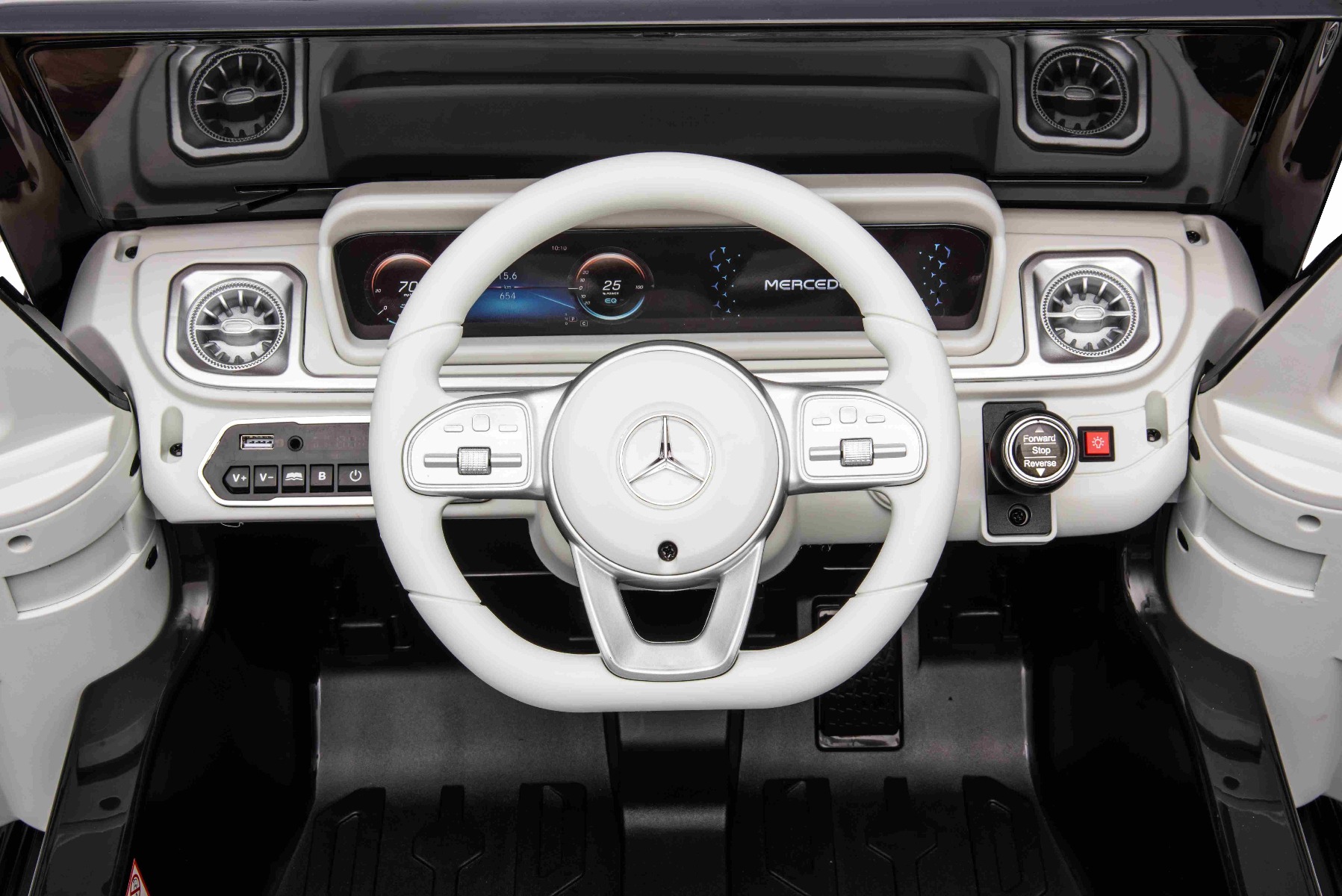 Mașinuță electrică de jucărie Mercedes-Benz EQG 12V, negru, componente ale caroseriei iluminate cu LED, lumini față și spate funcționale, telecomandă 2,4 GHz, intrare USB/Aux, baterie litiu, motor 2 x 35W, licență ORIGINALĂ - imagine 13