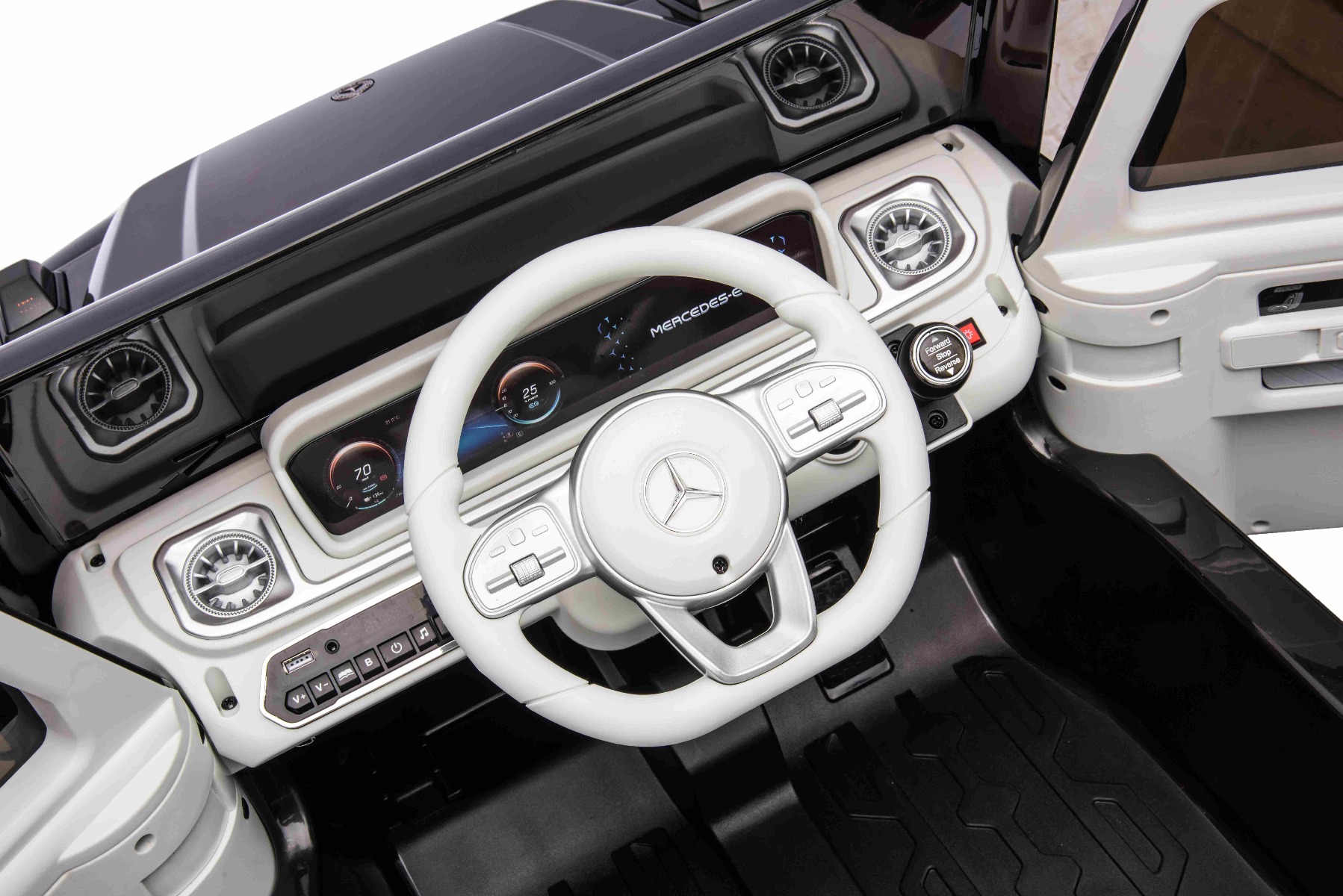 Mașinuță electrică de jucărie Mercedes-Benz EQG 12V, negru, componente ale caroseriei iluminate cu LED, lumini față și spate funcționale, telecomandă 2,4 GHz, intrare USB/Aux, baterie litiu, motor 2 x 35W, licență ORIGINALĂ - imagine 15